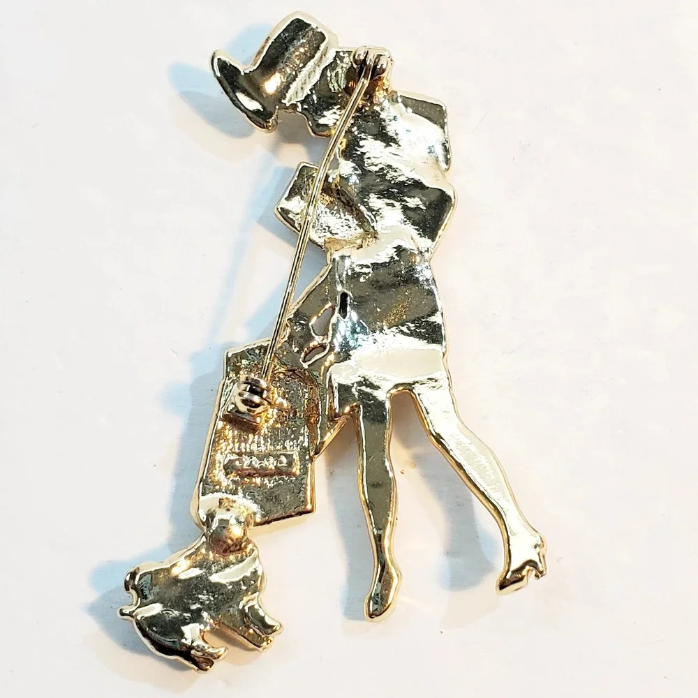Vintage AJC Gold Tone Woman Lady w/ Packages Dog Shopping Brooch Pin 2.5 inch